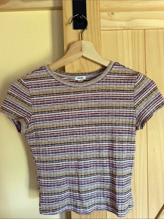 Garage Tops - Garage Short-Sleeve Ribbed Tee in Purple, White & Tan Stripes